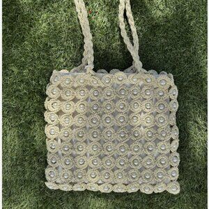 Haute Hippie Style Handwoven Double Handle Straw Raffia Pearl Embellished Tote